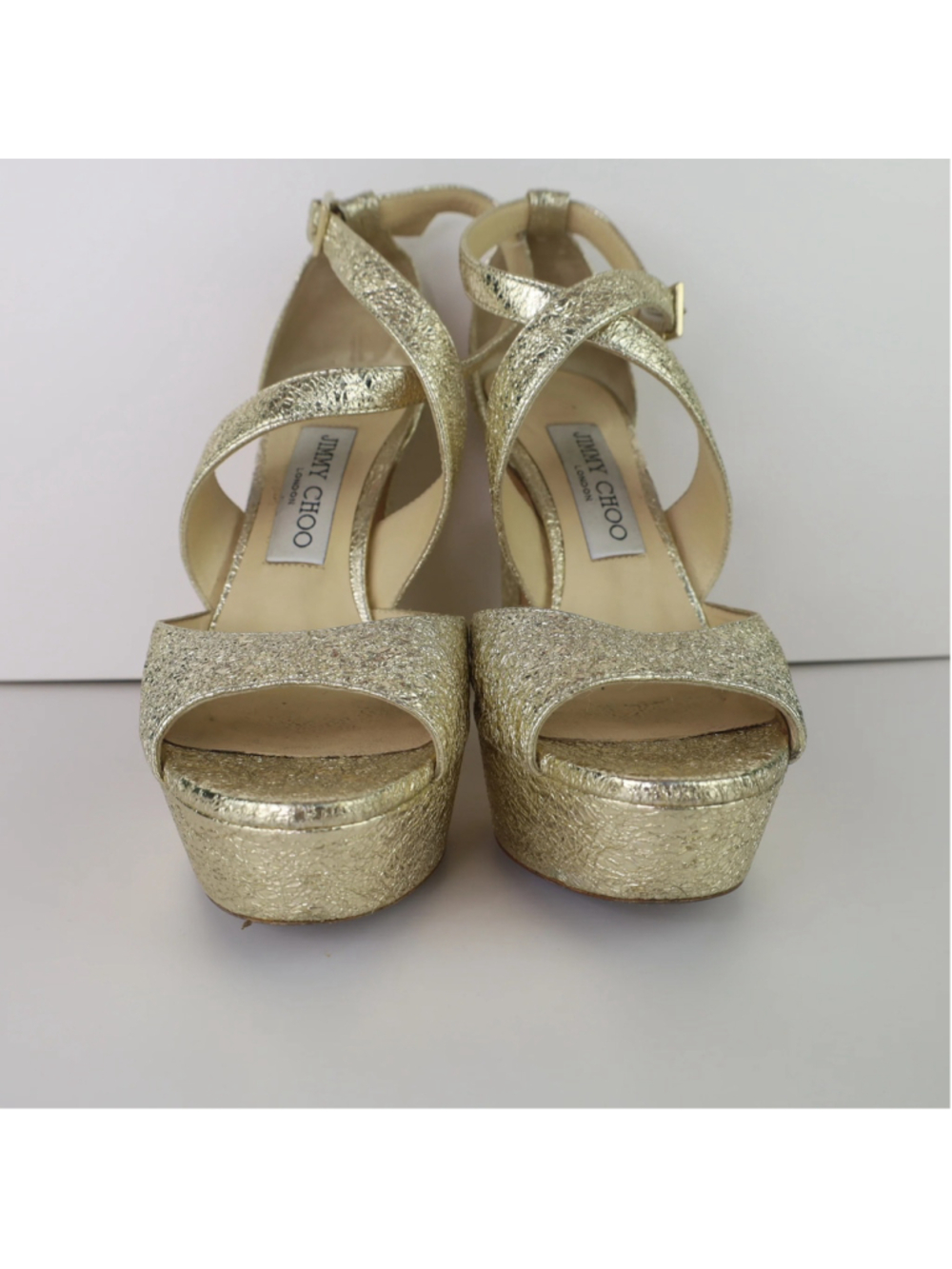 Jimmy Choo Gold Platform Heels EU 36.5 US 6.5 Metallic Leather Sandals 0483 - Picture 4 of 16